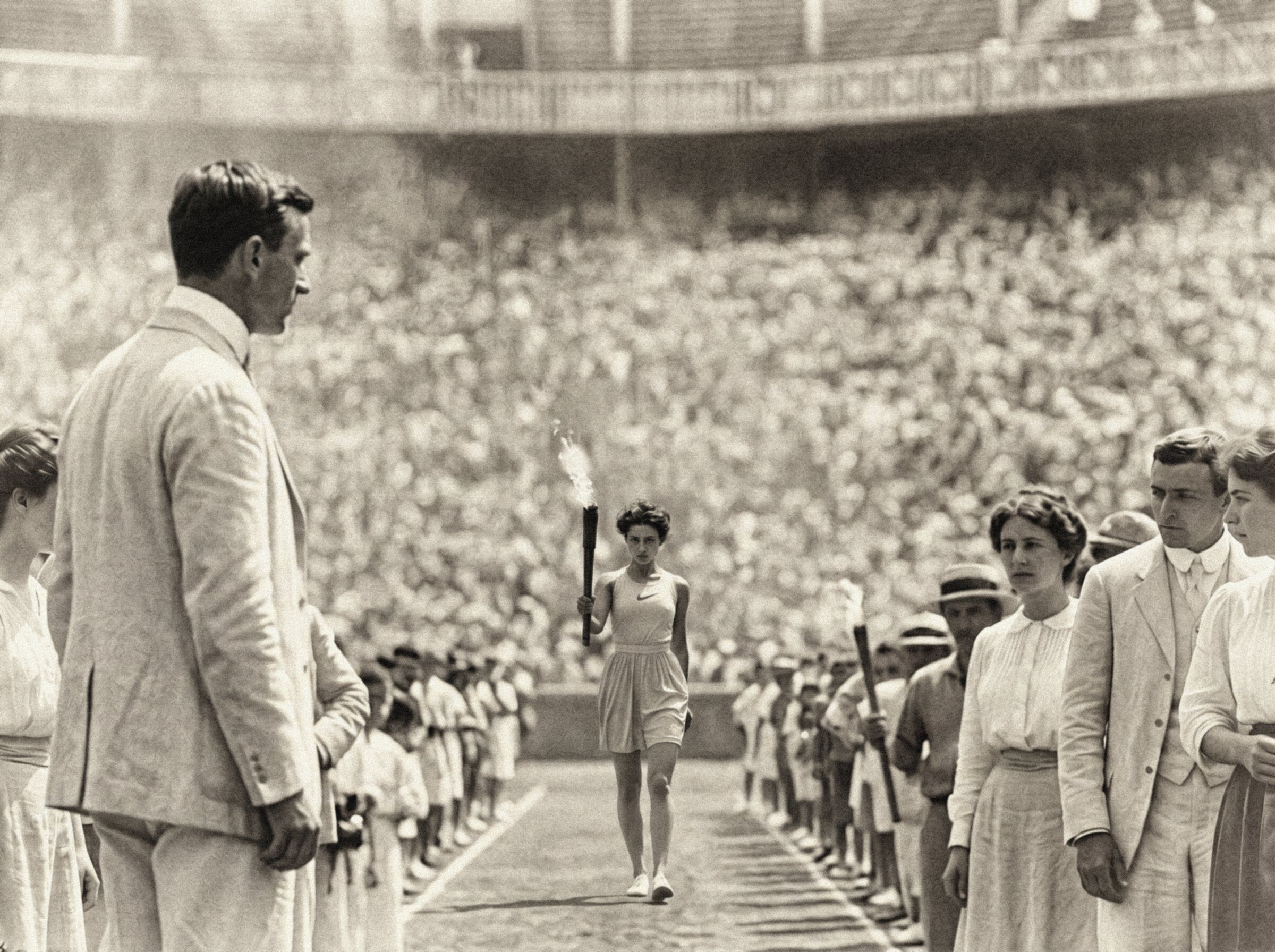 A lone torch bearer walks into a packed 1900 Olympic stadium, imagined as a modern sports photograph