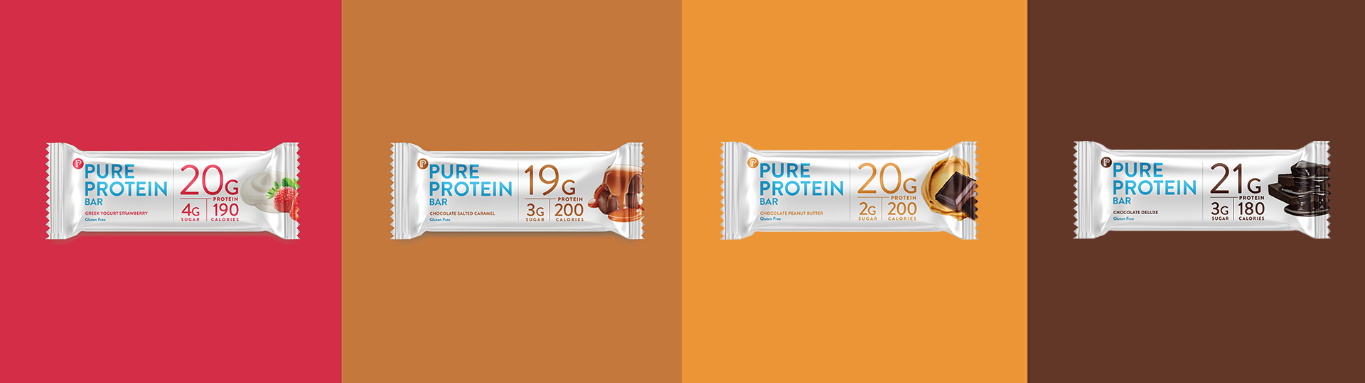 Pure Protein bars with 20g protein callouts on bold color blocks