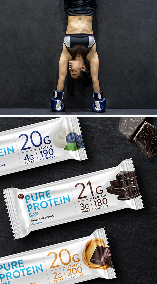 Pure Protein packaging shown alongside an athlete training