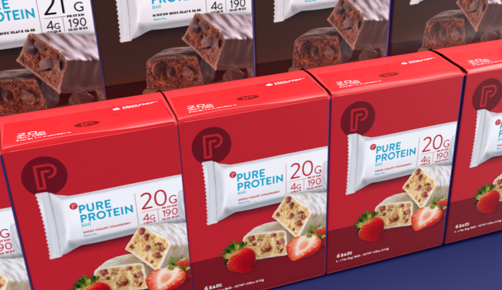 Pure Protein strawberry yogurt boxes with 20g protein callouts