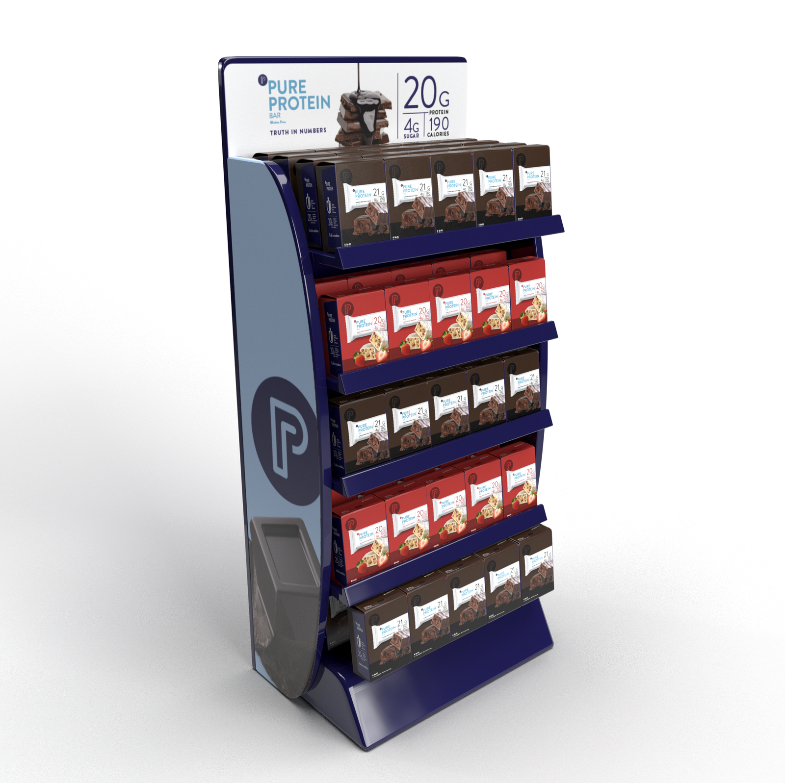 Pure Protein branded retail display stocked with protein bars