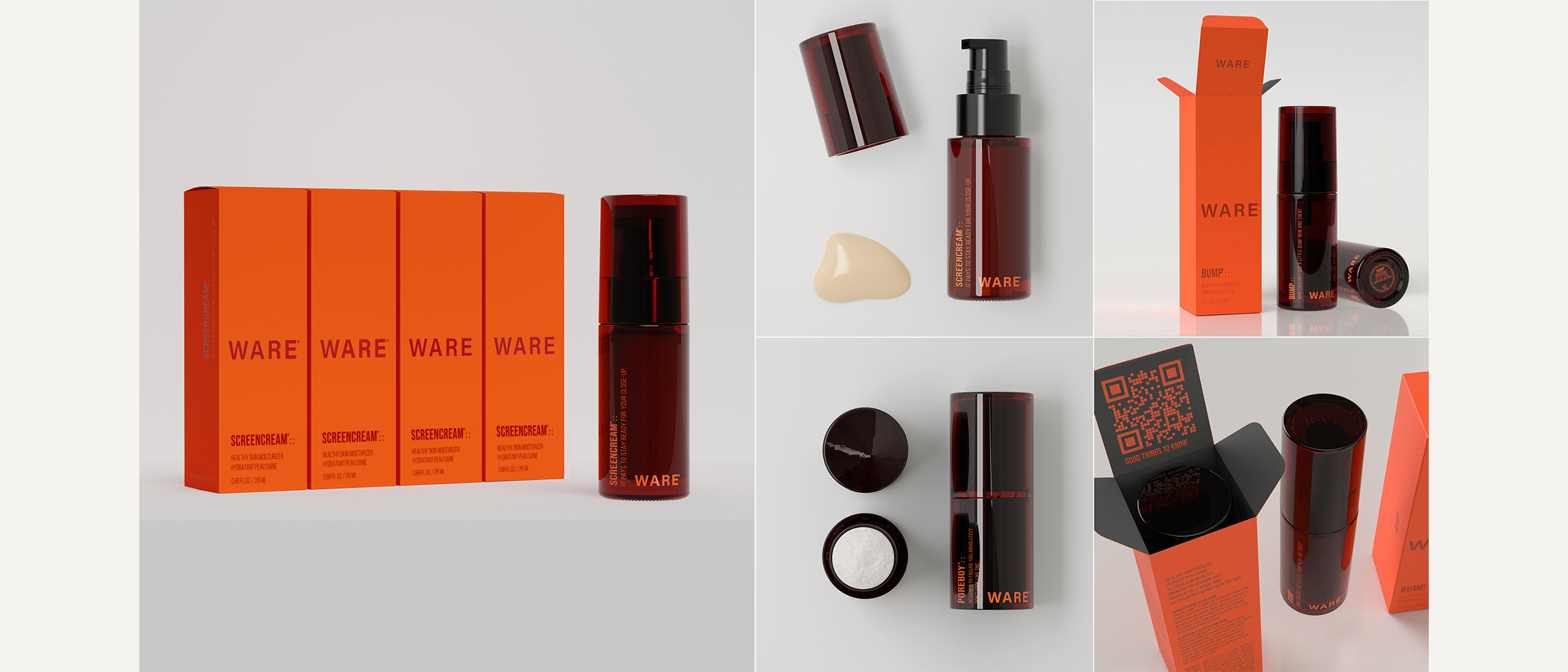 WARE packaging system — orange cartons and amber bottles