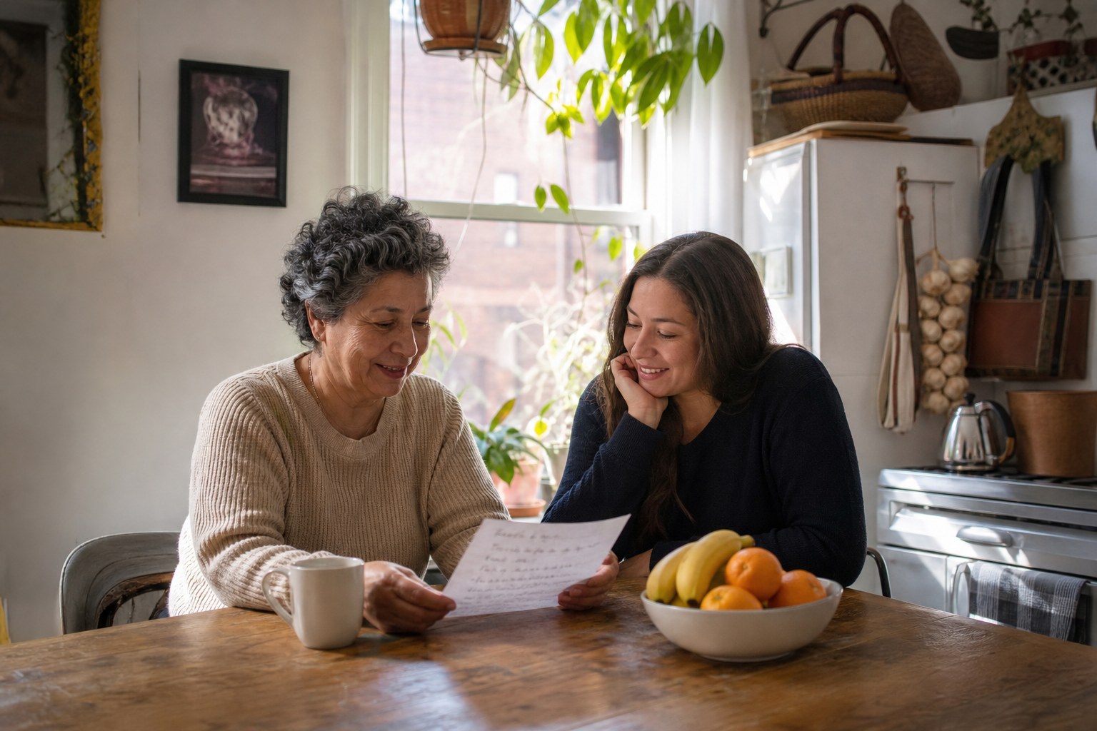 An older woman and her daughter reviewing a household checklist at the kitchen table