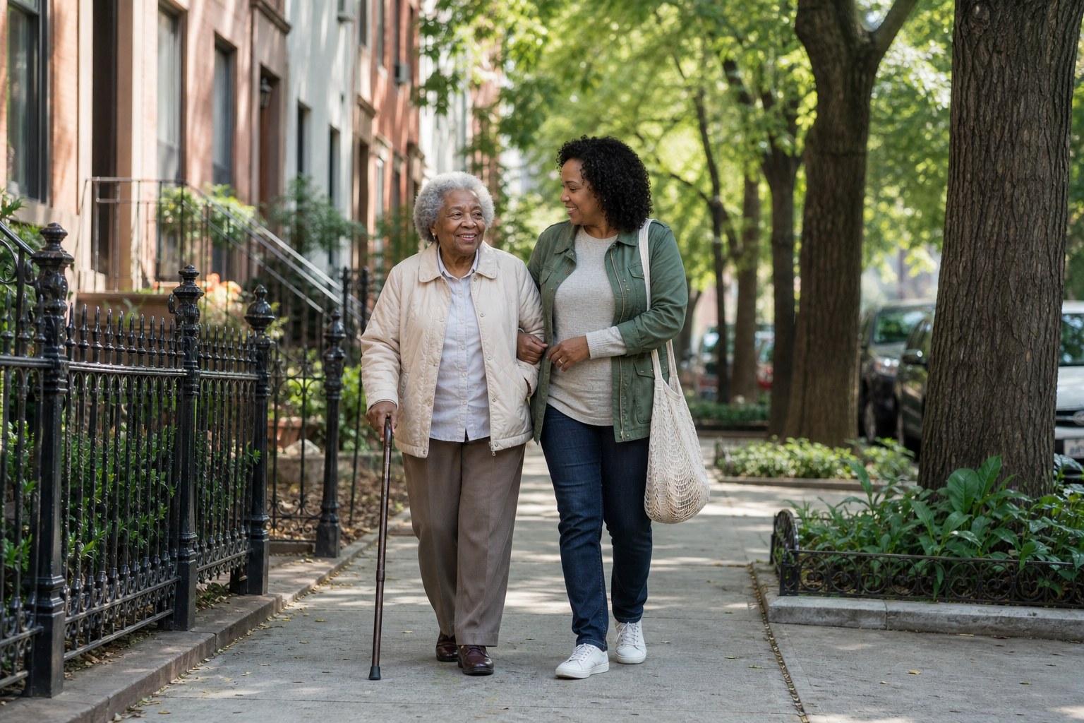 An older adult walking with a friendly companion on a tree-lined Brooklyn sidewalk