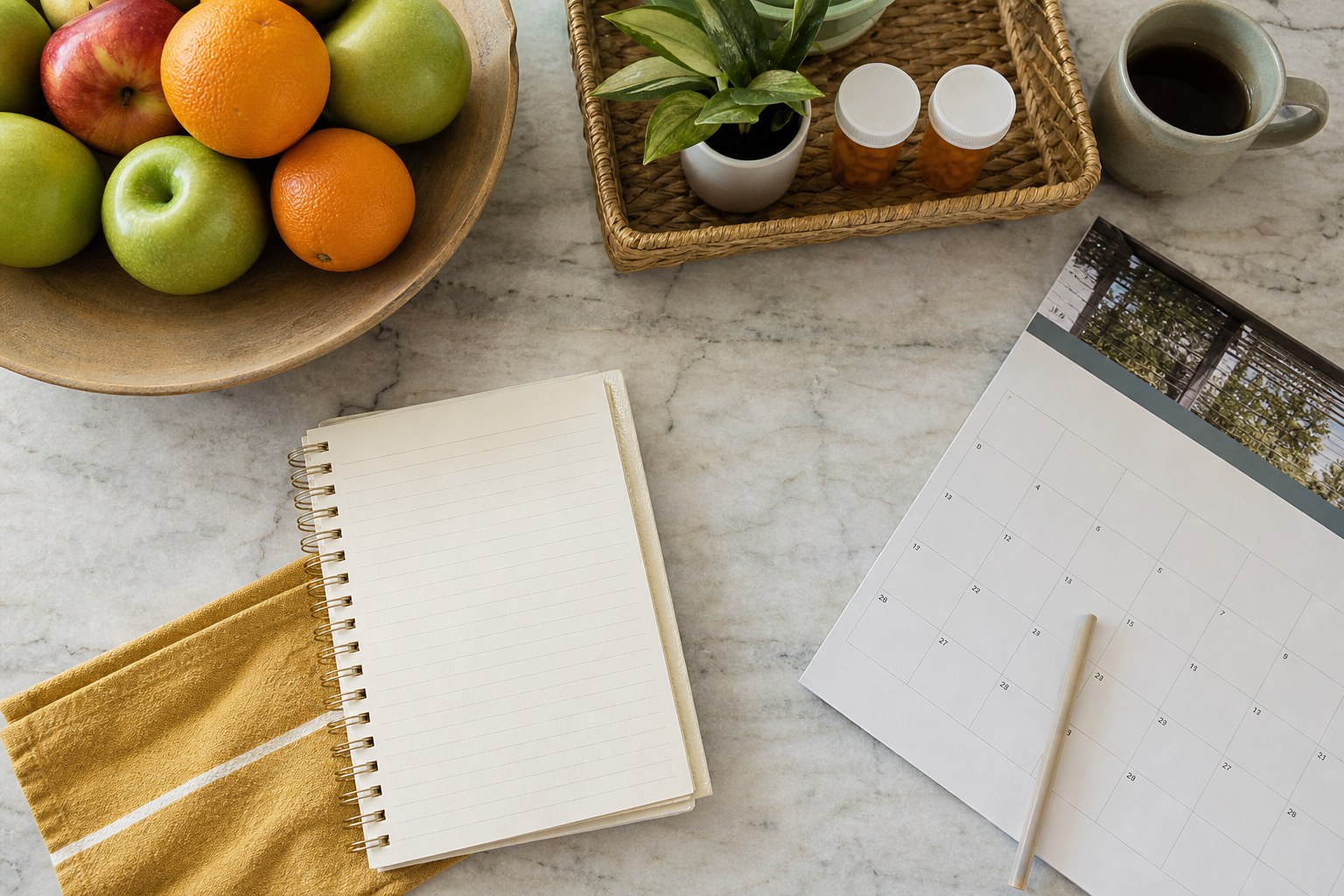 A home counter with fresh fruit, a calendar, and a notebook for keeping track of routines