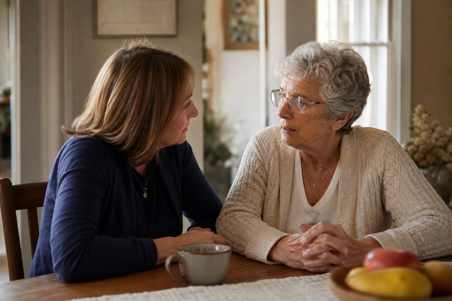 An adult daughter and her older mother having a calm conversation at the dining table