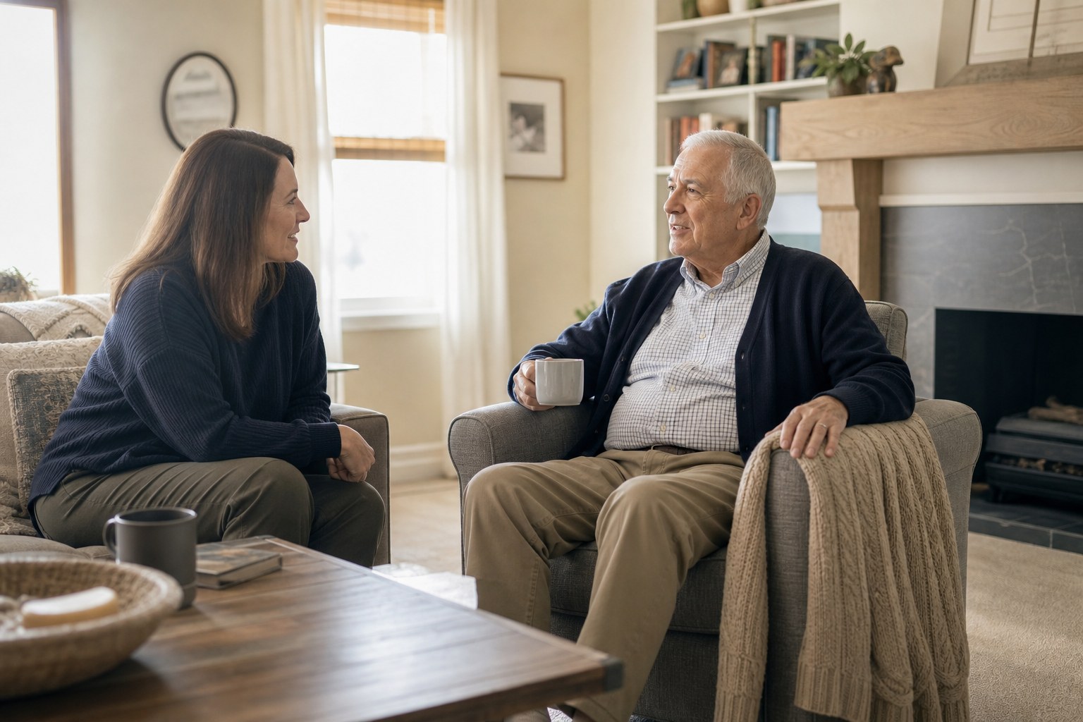 An adult daughter having a warm conversation with her older father at home