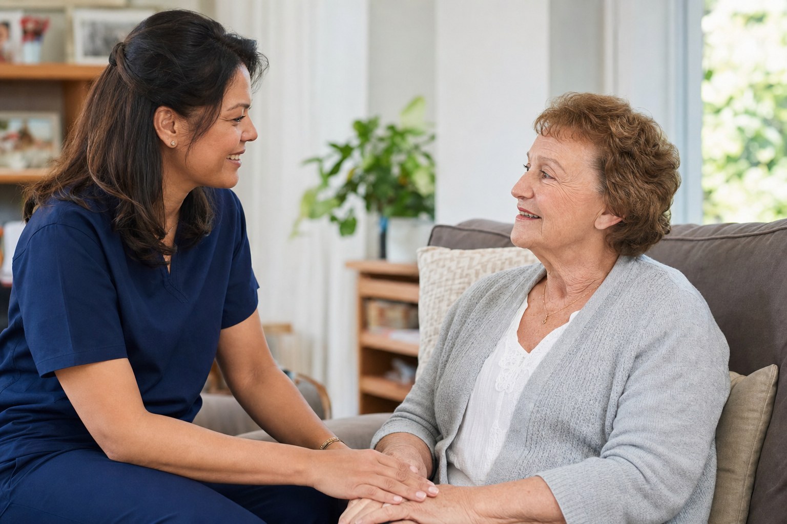 A caregiver speaking with an older woman at home