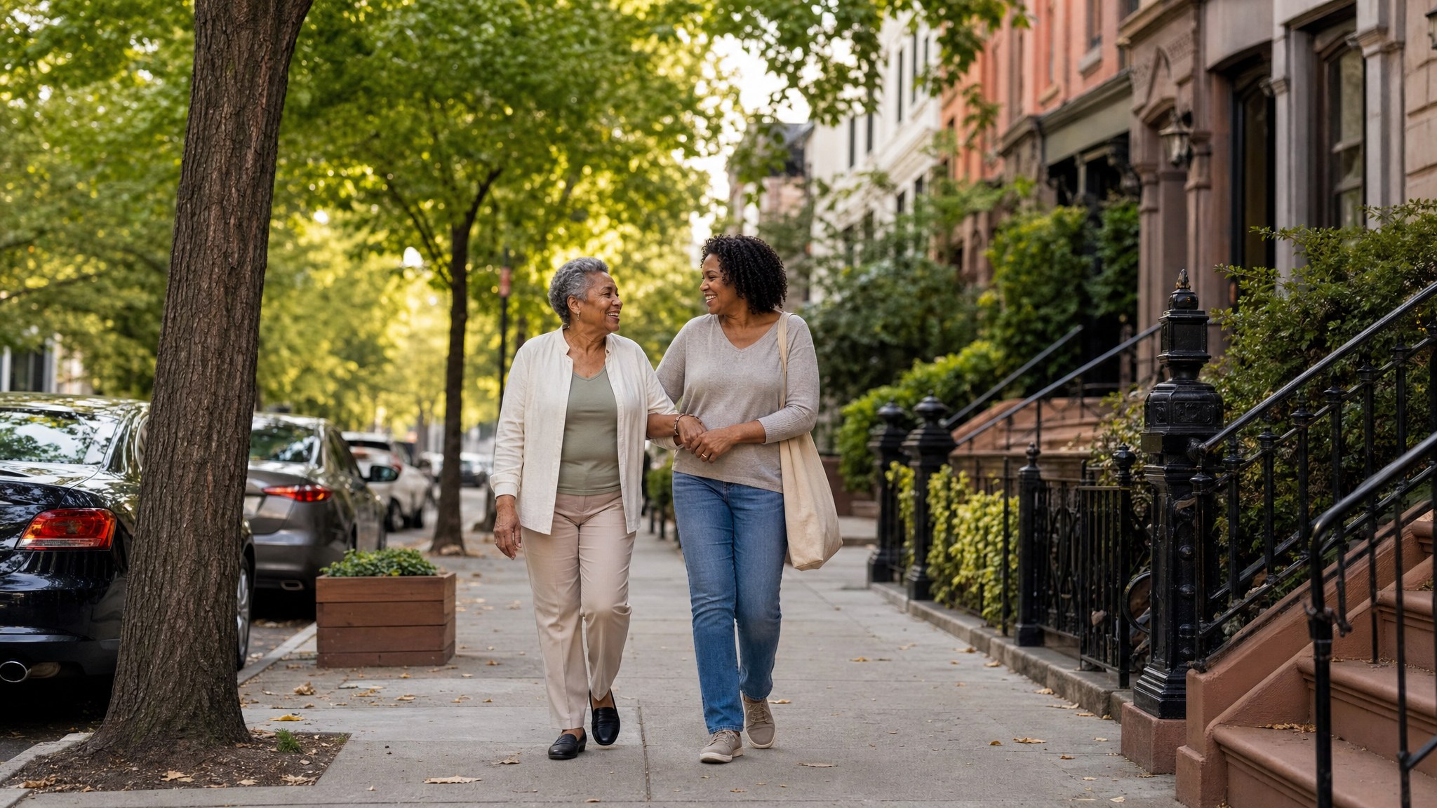 An older woman and her companion walking together on a Brooklyn street