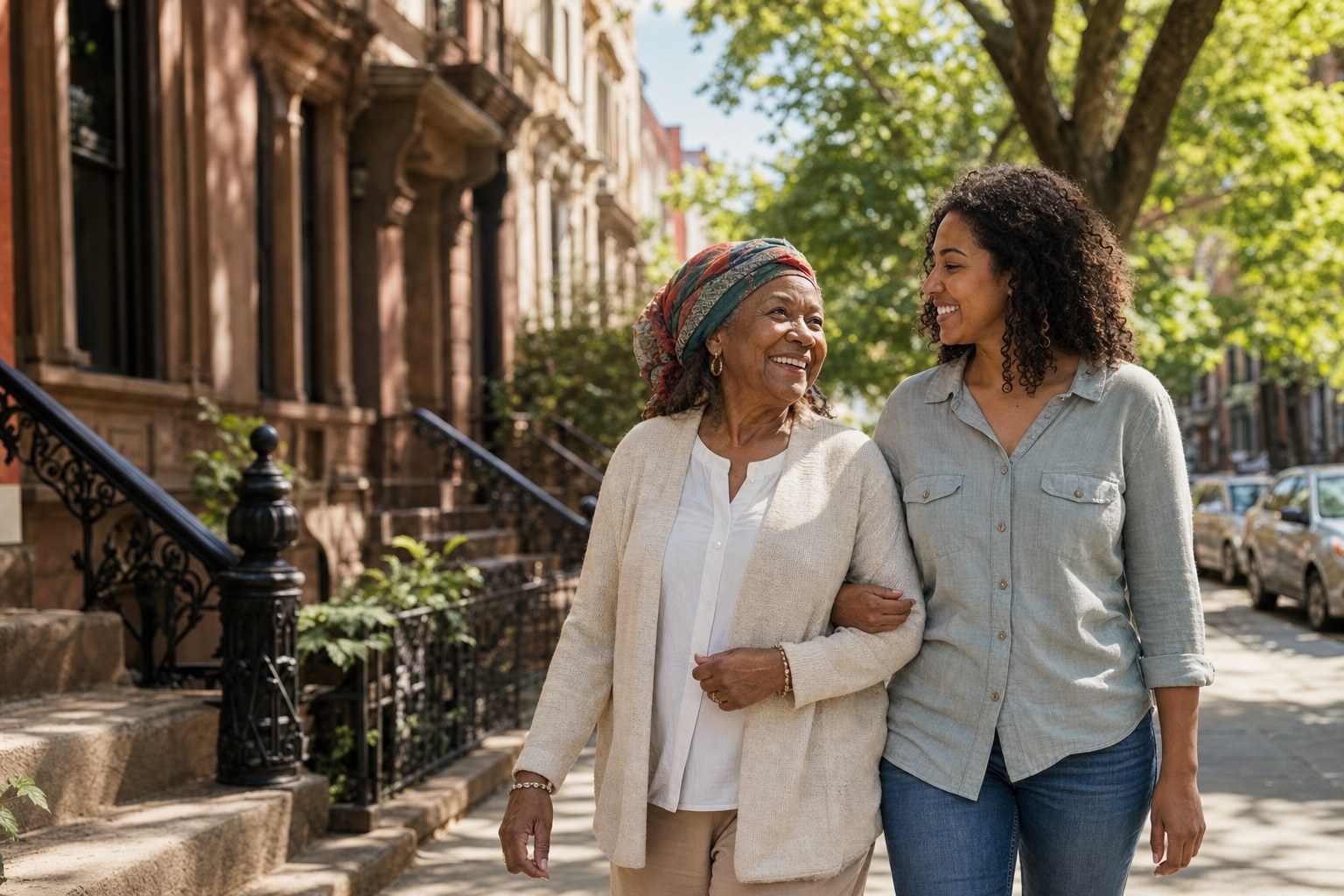 An older woman and her companion walking together on a Brooklyn street