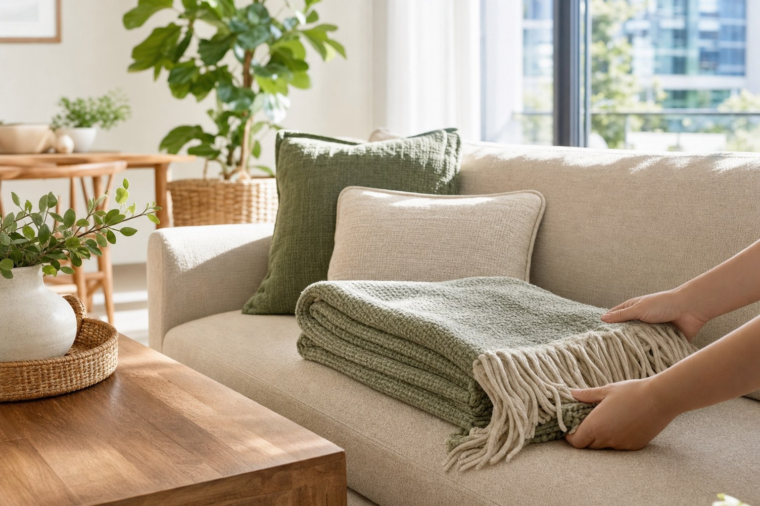 A calm, organized living room