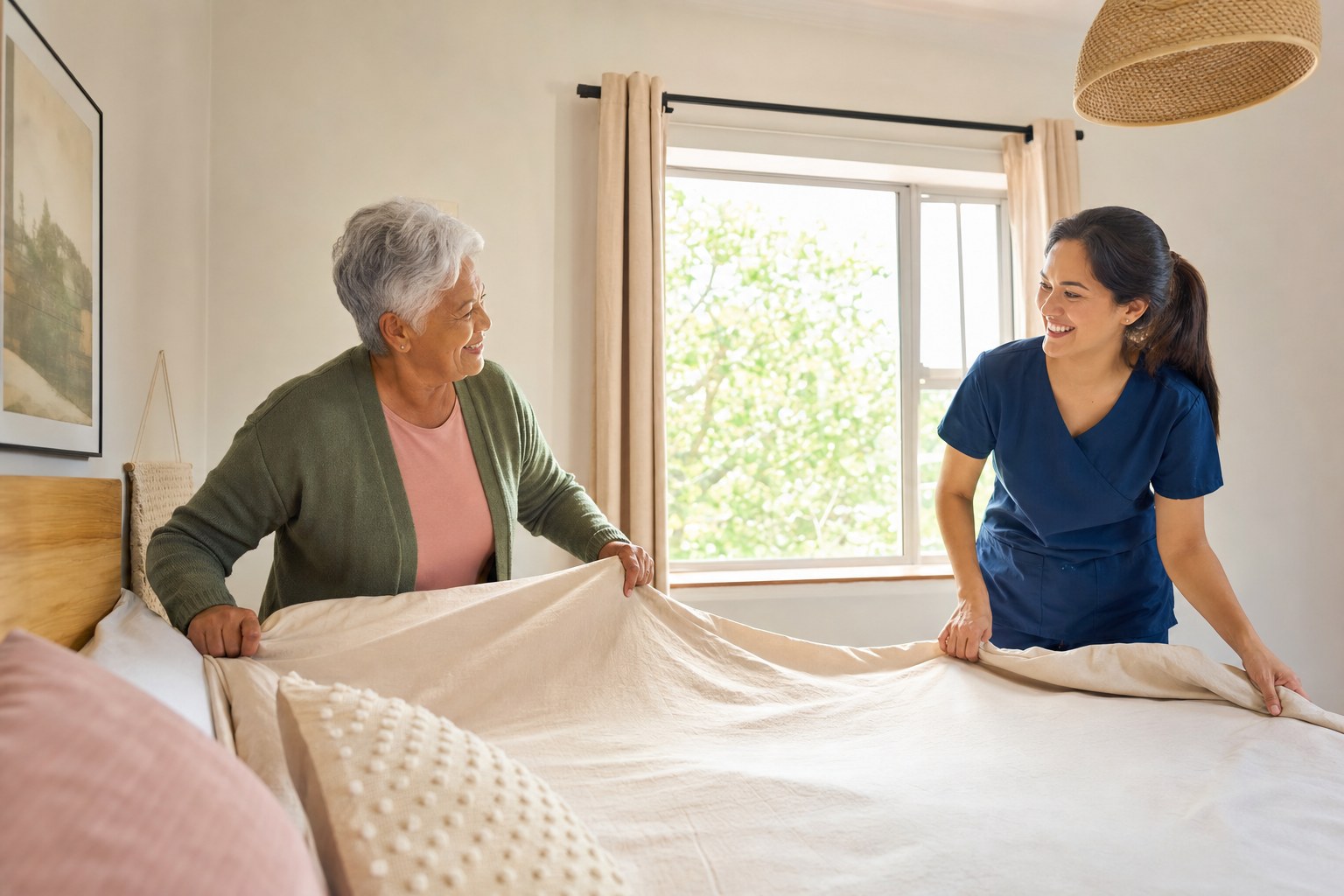 An older woman and her companion making a bed together