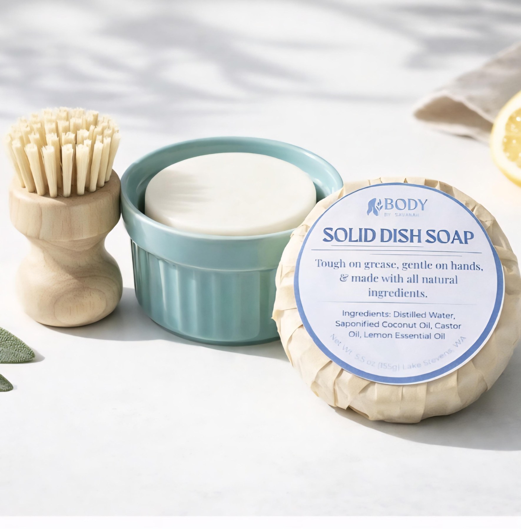 Solid Dish Soap Zero Waste Alternative Kitchen Essential Bundle Housewarming Gift Set Natural Dish Wash Bar Ramekin Brush Eco Friendly
