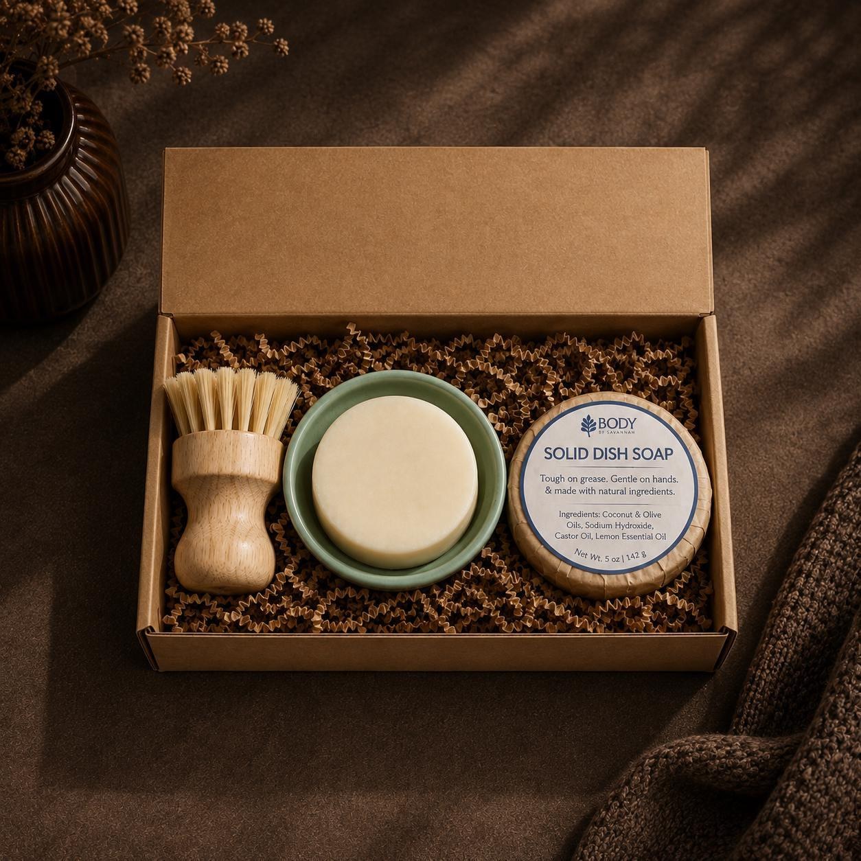 Solid Dish Soap Zero Waste Alternative Kitchen Essential Bundle Housewarming Gift Set Natural Dish Wash Bar Ramekin Brush Eco Friendly, product view 2