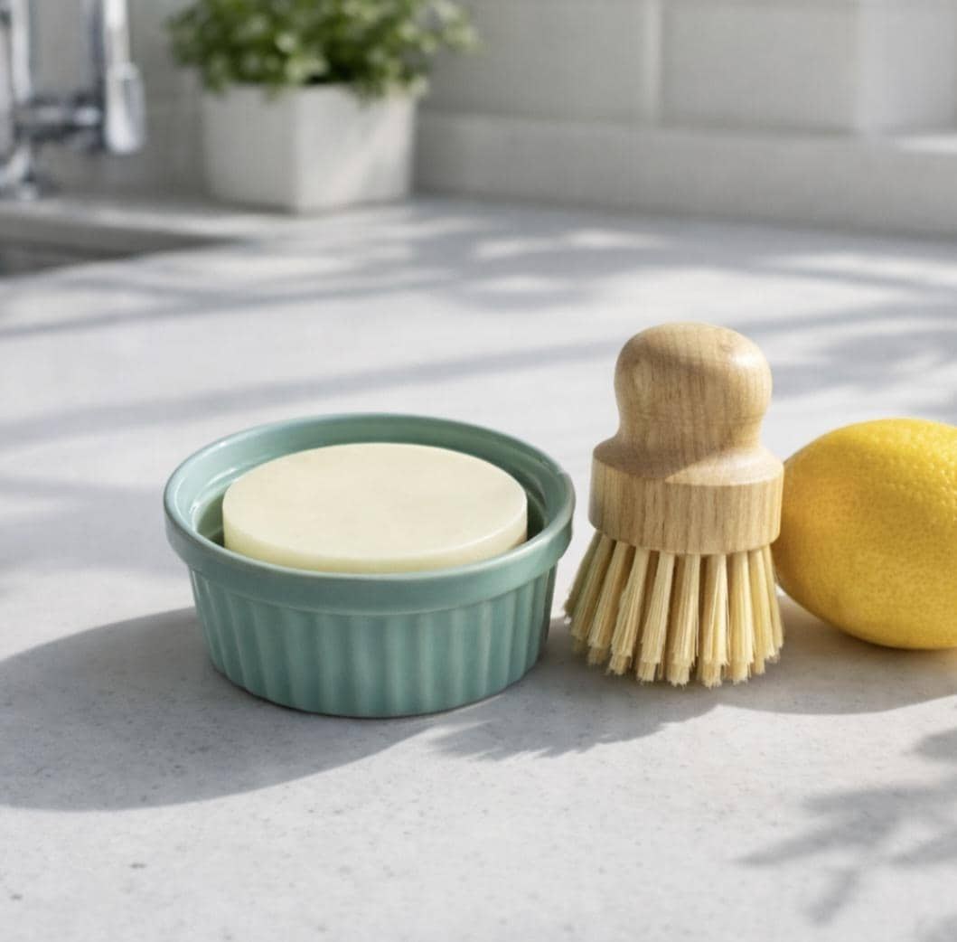 Solid Dish Soap Zero Waste Alternative Kitchen Essential Bundle Housewarming Gift Set Natural Dish Wash Bar Ramekin Brush Eco Friendly, product view 6