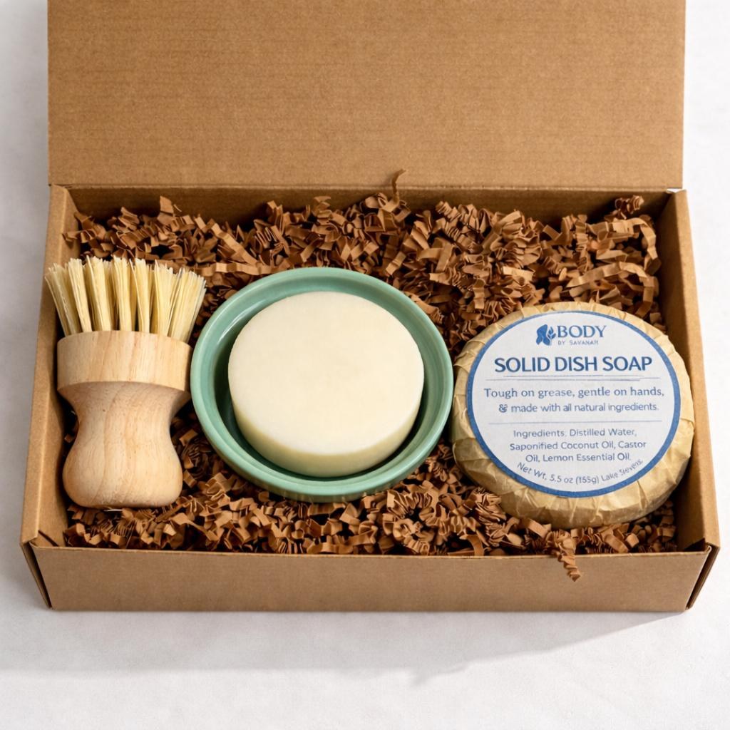 Solid Dish Soap Zero Waste Dishwashing Bar Soap Essential Oil Dish Soap Ramekin Brush Set For Kitchen Housewarming Gift For Friend