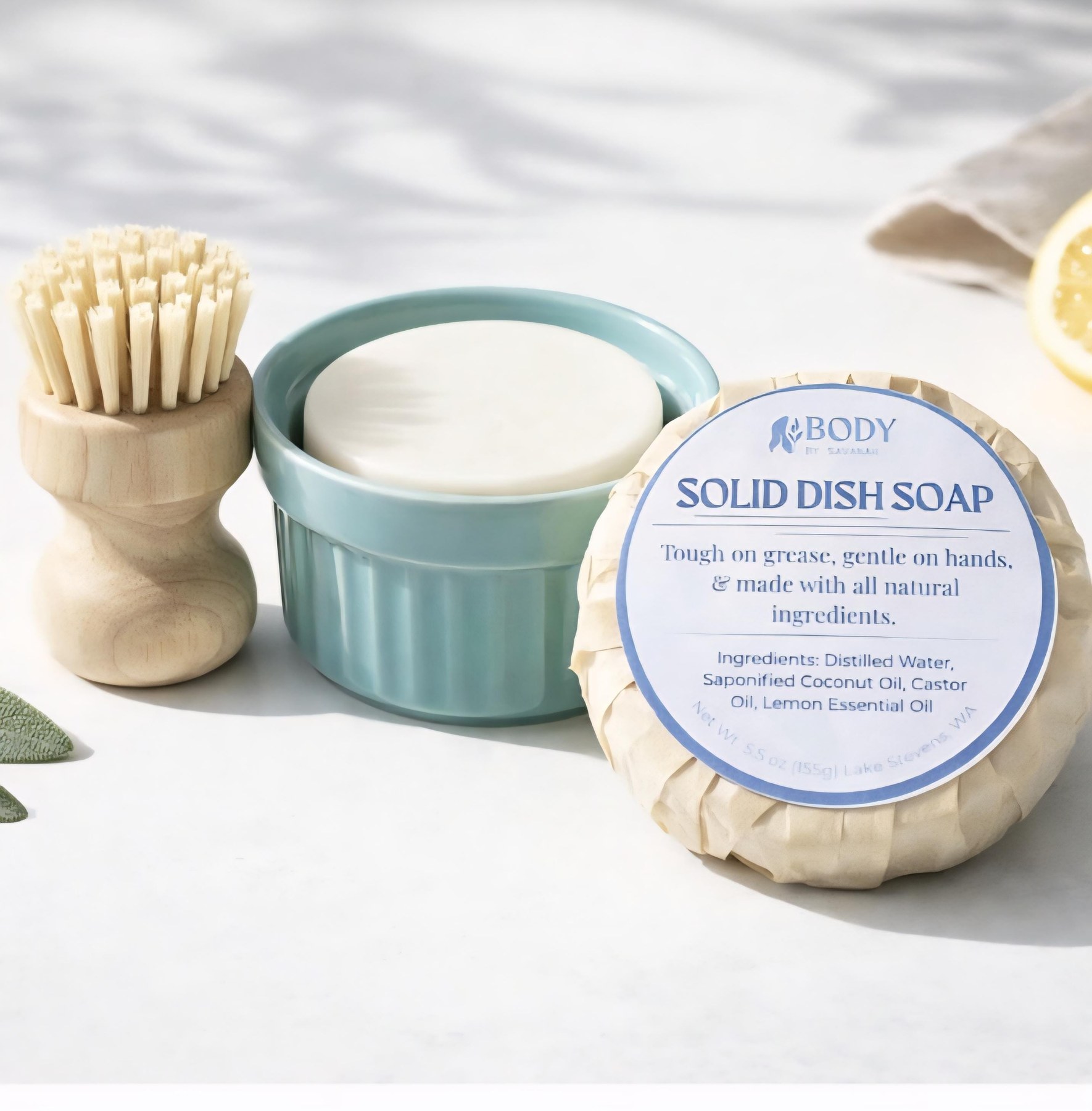 Solid Dish Soap Zero Waste Dishwashing Bar Soap Essential Oil Dish Soap Ramekin Brush Set For Kitchen Housewarming Gift For Friend, product view 9