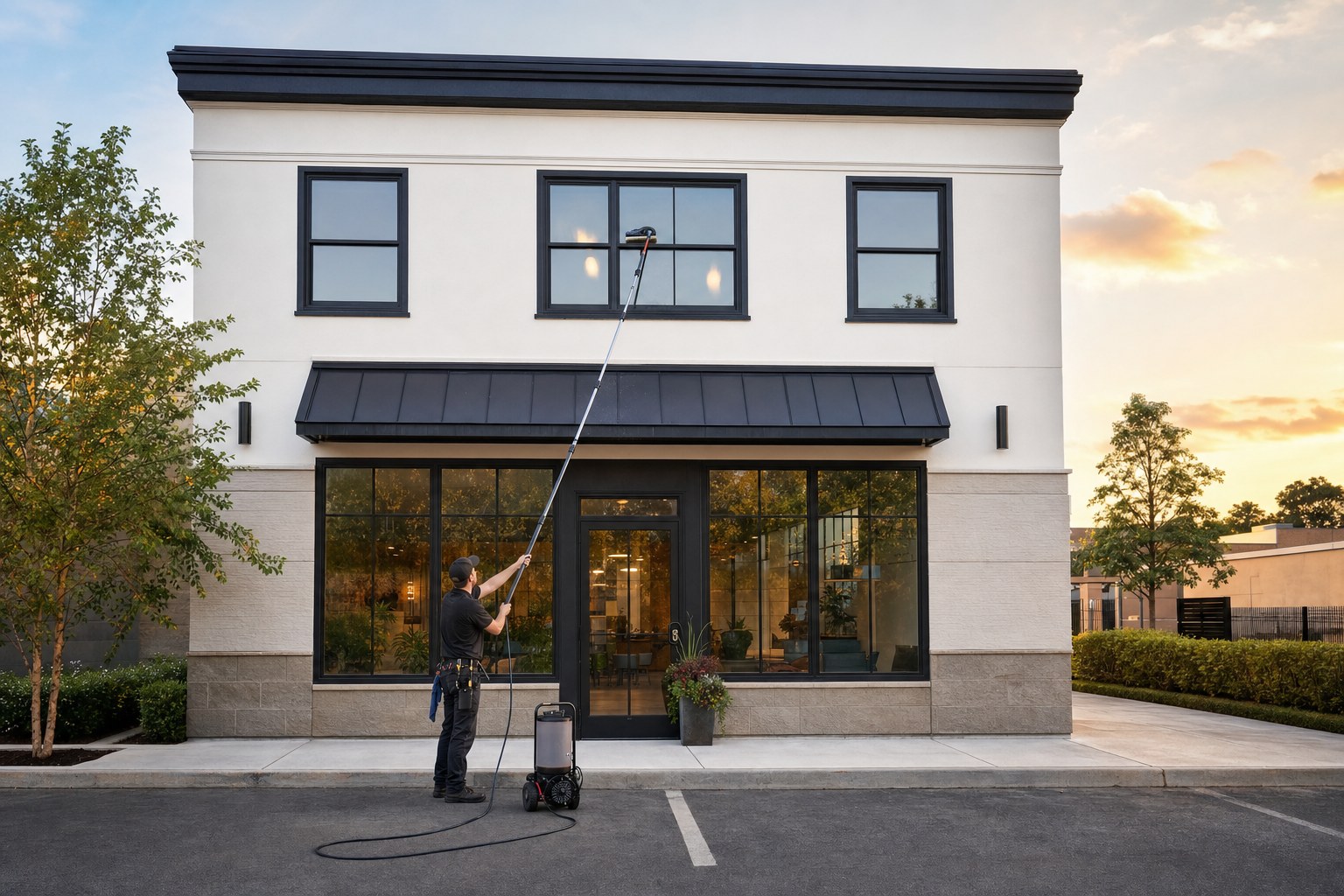 Window cleaner using a water-fed pole on a modest two-story commercial building