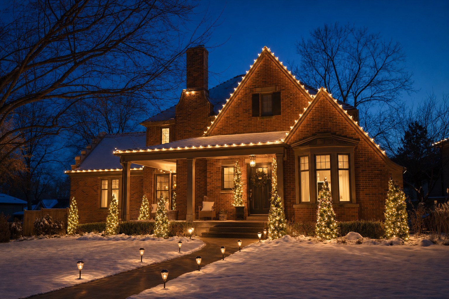 Brick home glowing with warm white Christmas lights on a snowy evening