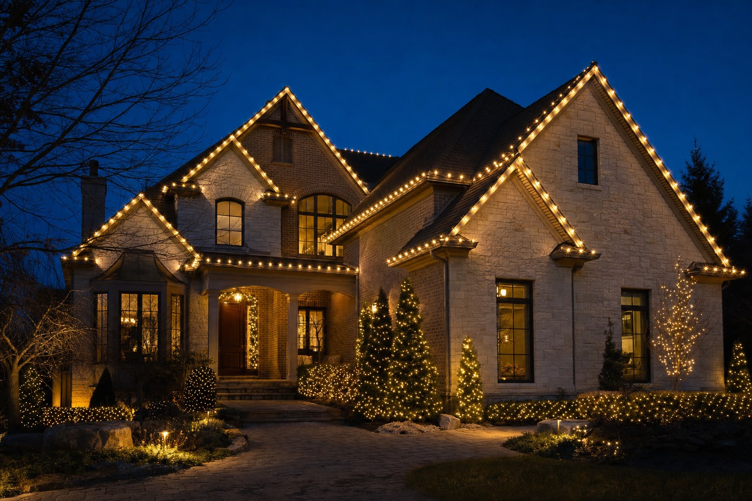 Home outlined in warm white Christmas lights at dusk