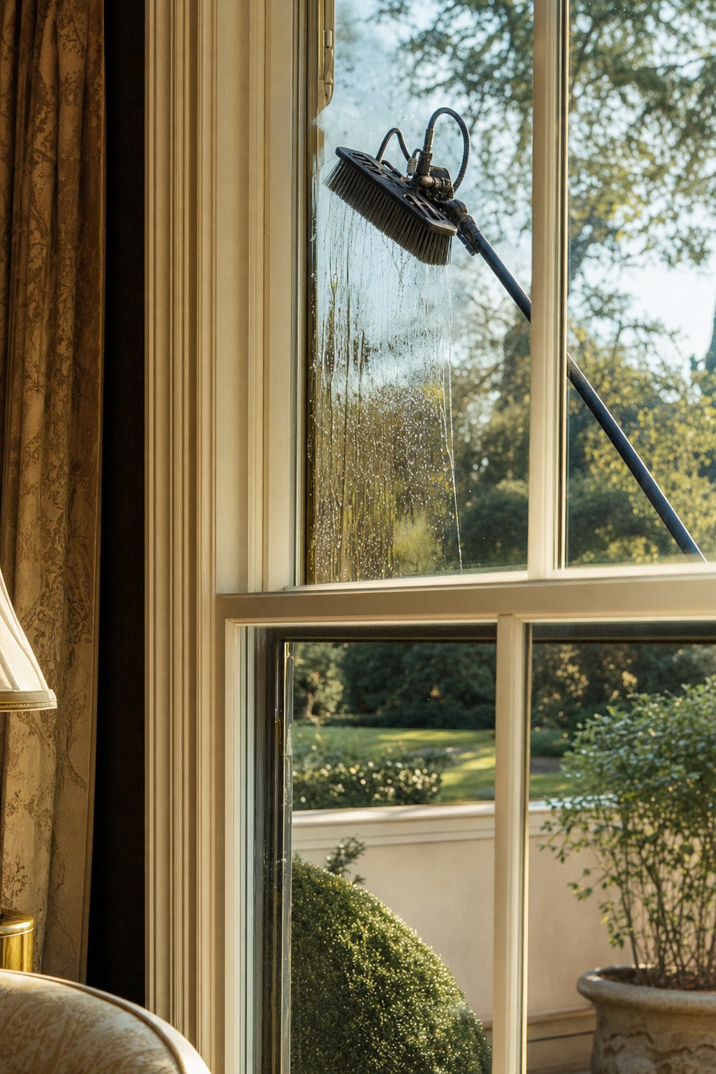 Water-fed brush cleaning a residential window