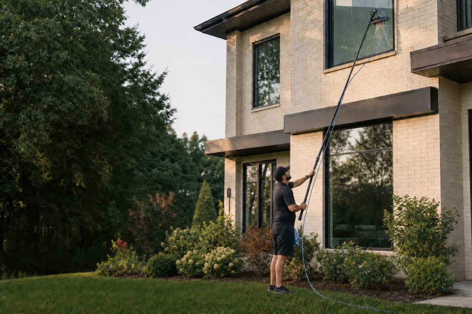 Window cleaner using a water-fed pole from the ground at a home
