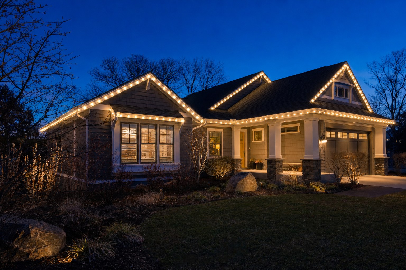 Home dressed in warm white Christmas lights at dusk