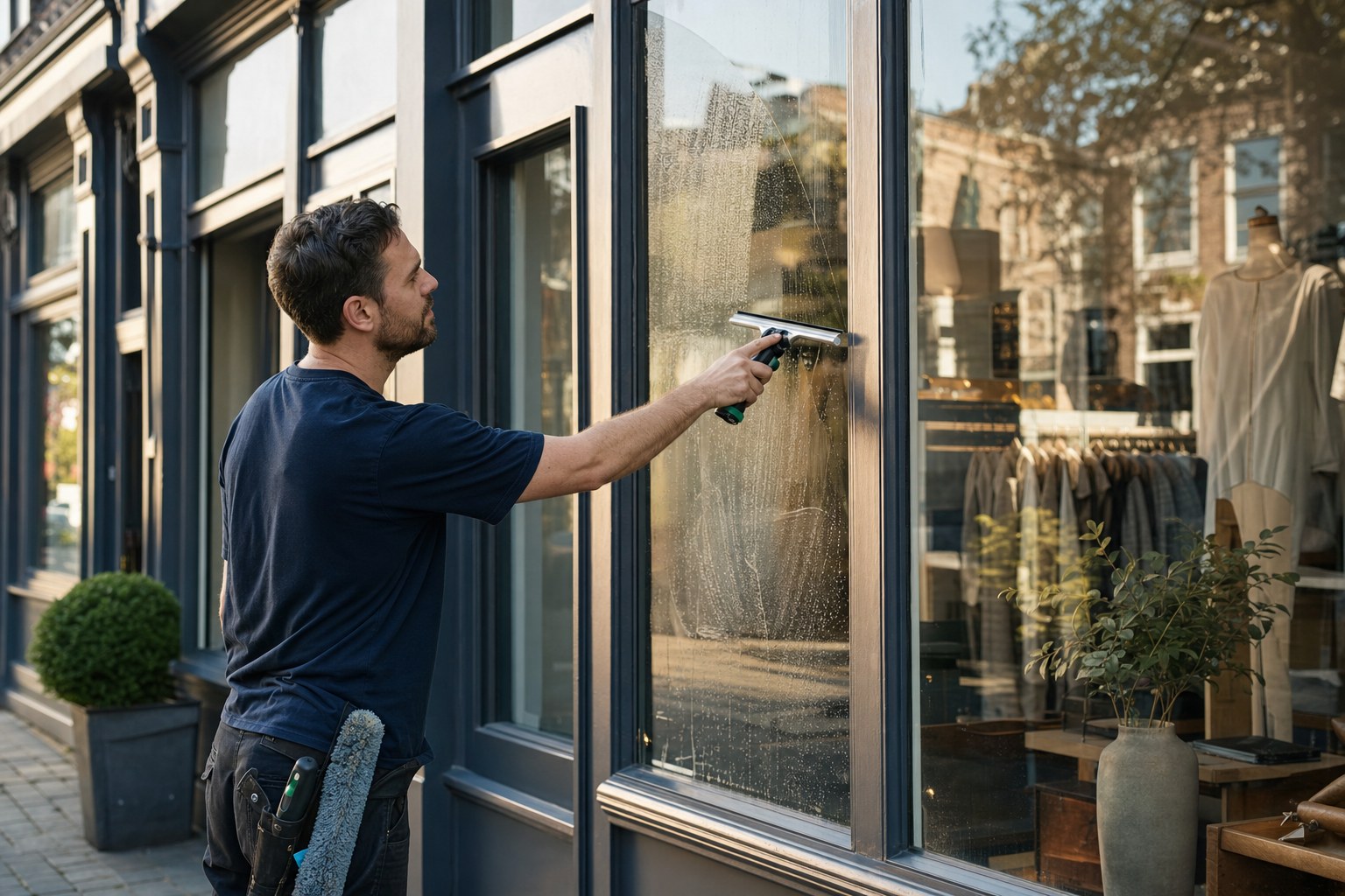 Window cleaner squeegeeing a boutique storefront window