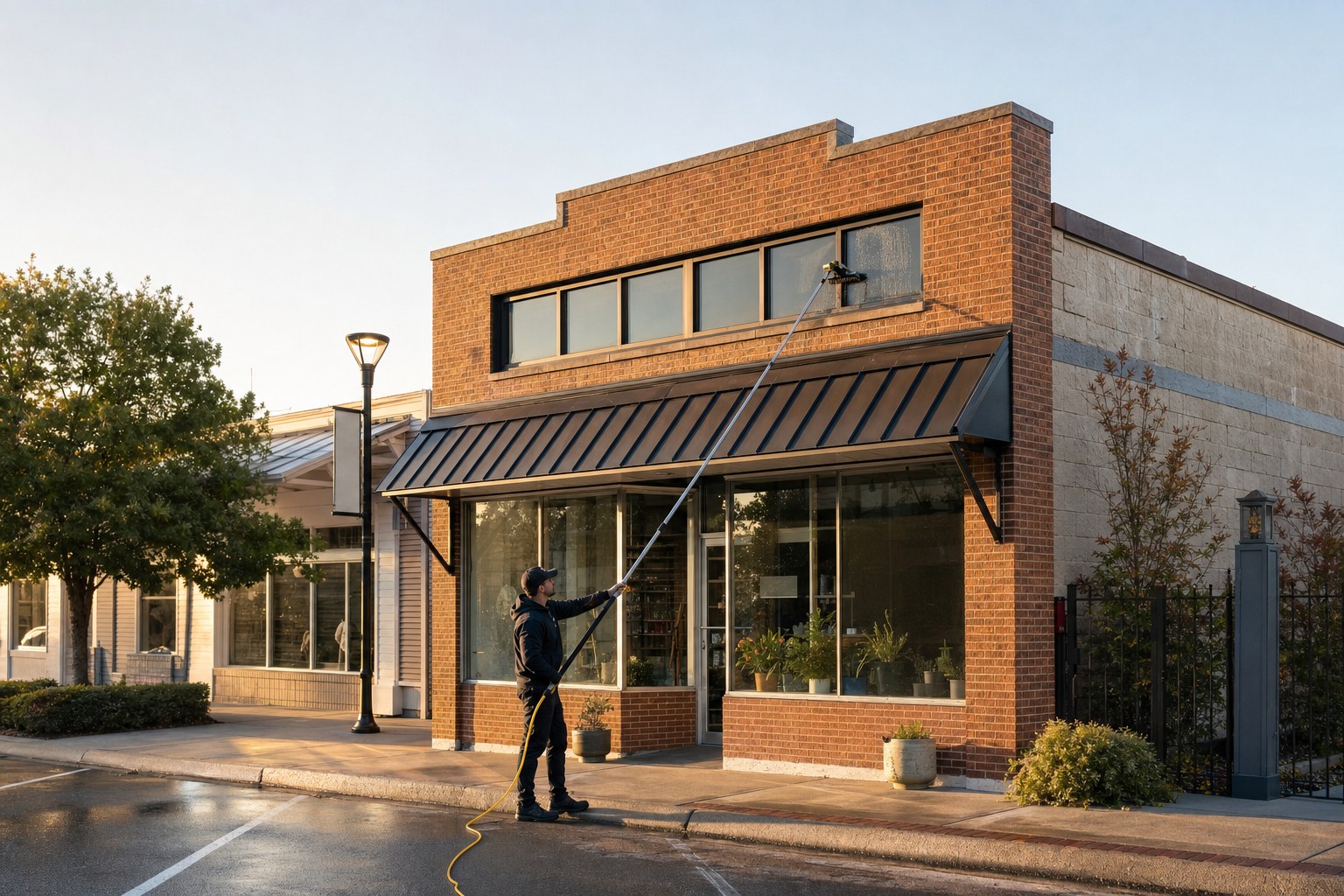 Window cleaner using a water-fed pole on a modest brick storefront