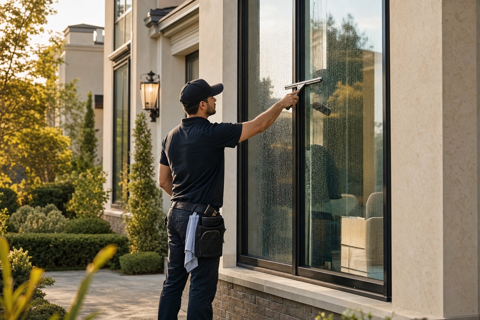 Window cleaner standing on the ground and using a squeegee on a residential window