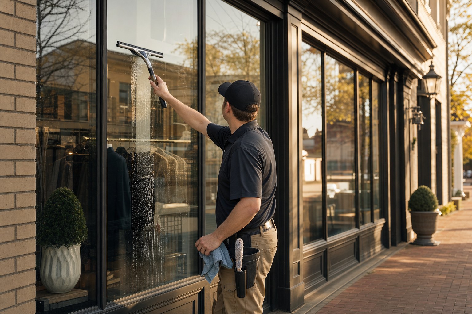 Window cleaner using a squeegee on a storefront window