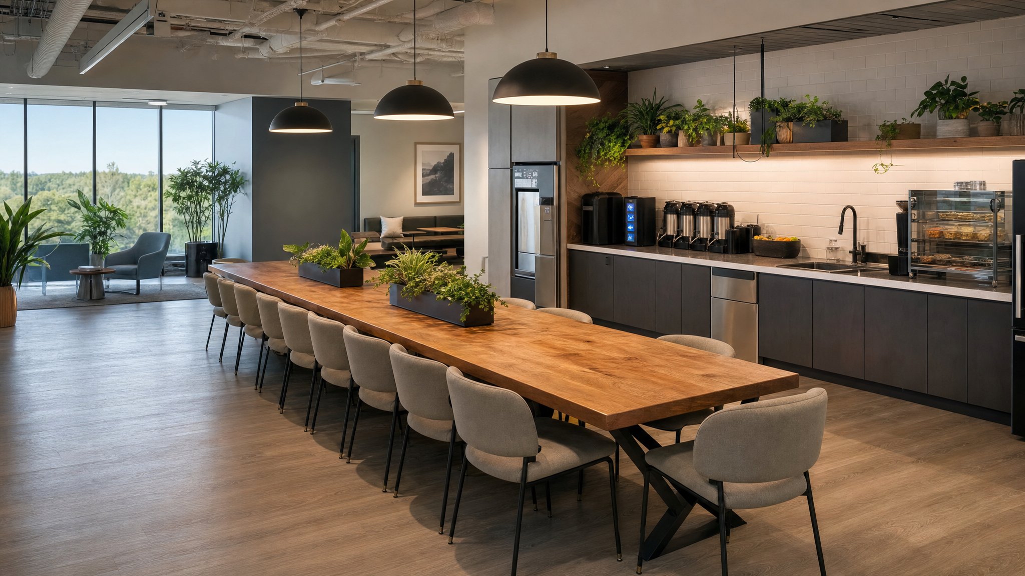 Inviting commercial employee break room with tables and refreshment space