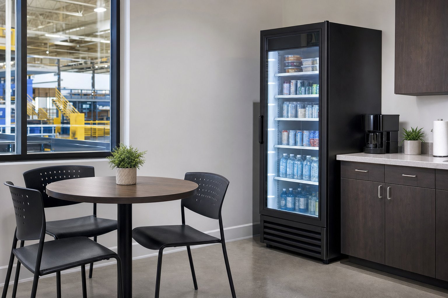 Practical industrial break room corner with seating, coffee station and stocked cooler