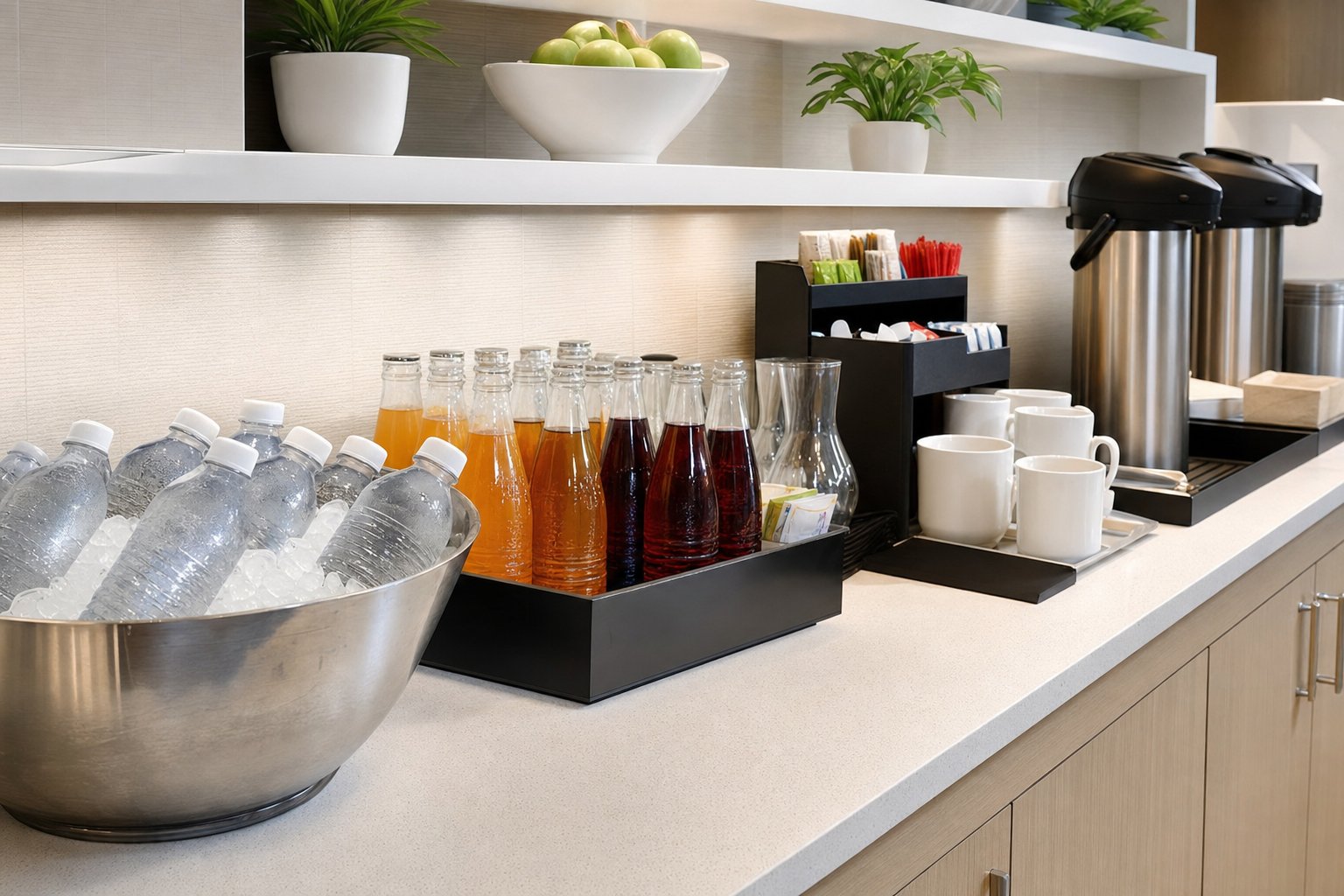 Organized workplace refreshment station with chilled drinks and clean counter space