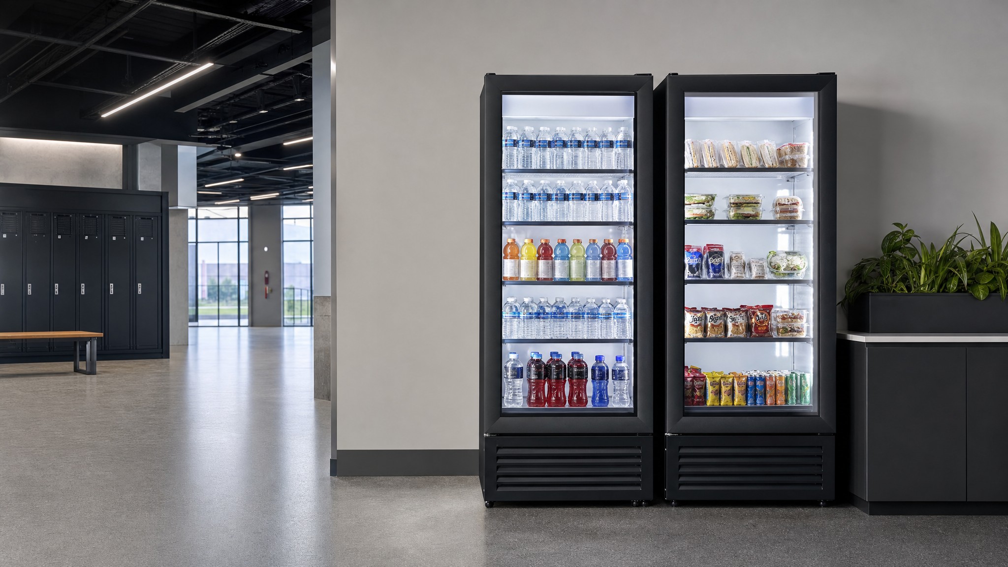 Illustrative commercial workplace refreshment area with modern refrigerated equipment