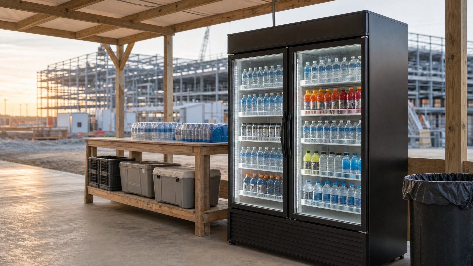 Illustrative large commercial construction hydration area with a double-door refrigerated cooler