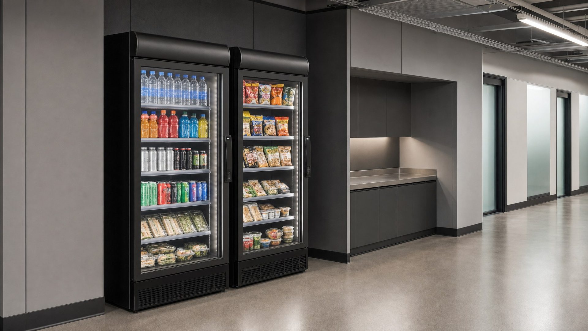 Illustrative 24/7 technical-facility support area with two commercial smart coolers