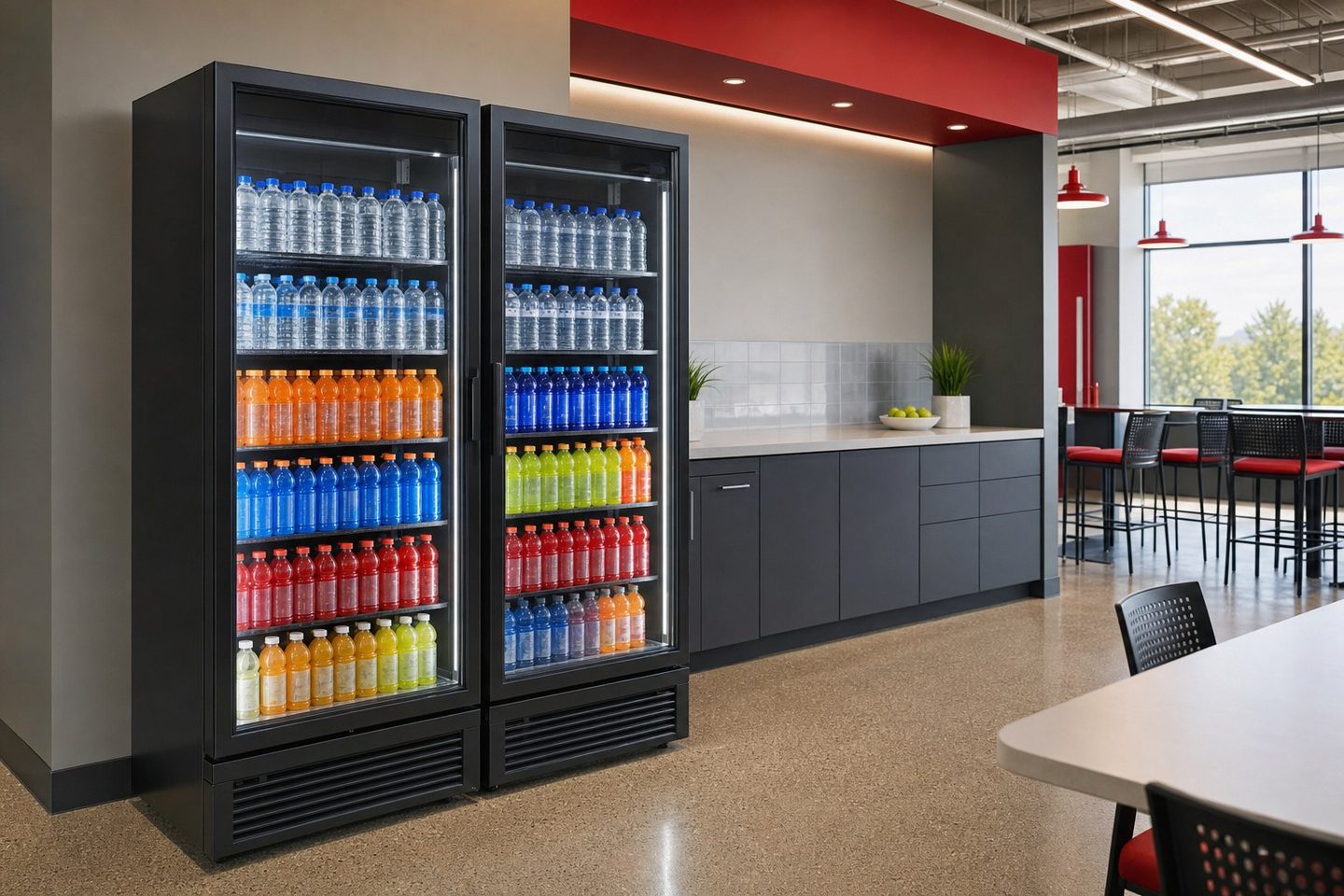 Refrigerated hydration station stocked with bottled water and sports drinks