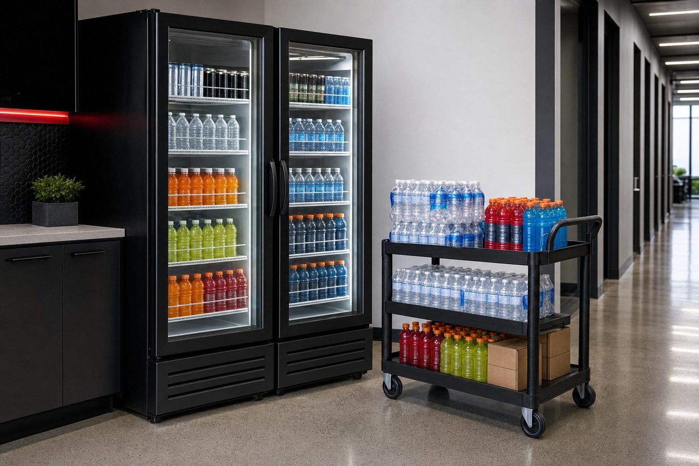 Illustrative commercial refreshment replenishment beside stocked equipment