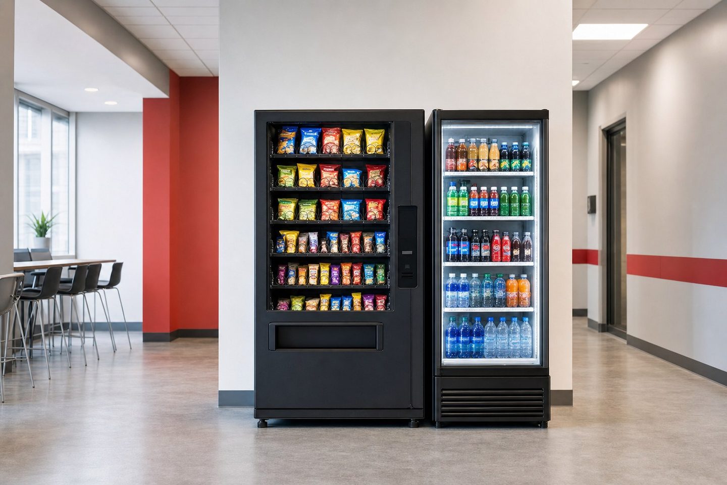 Commercial vending equipment in a clean employee break area