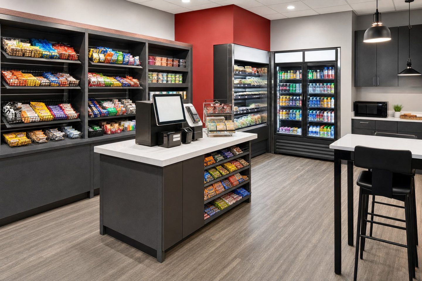 Clean self-serve workplace refreshment area with shelves and refrigerated drinks