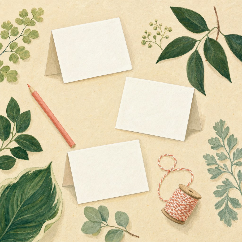Blank folded cards, a coral pencil, twine, and green leaves on warm paper