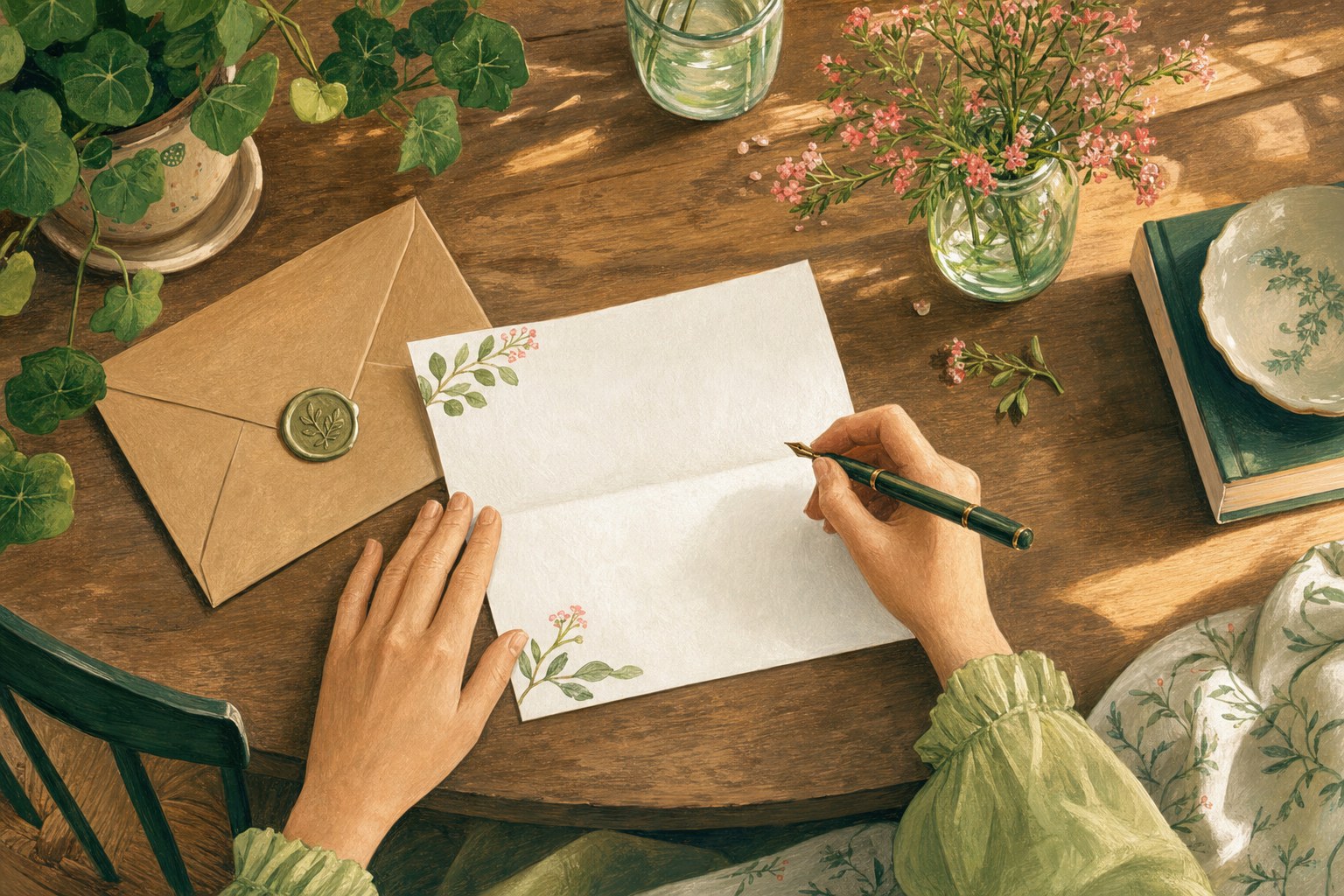 A person writing a blank botanical thank-you card at a wooden table