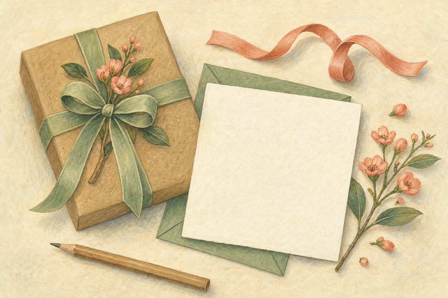 A wrapped gift, a blank card, pencil, ribbon, and flowers