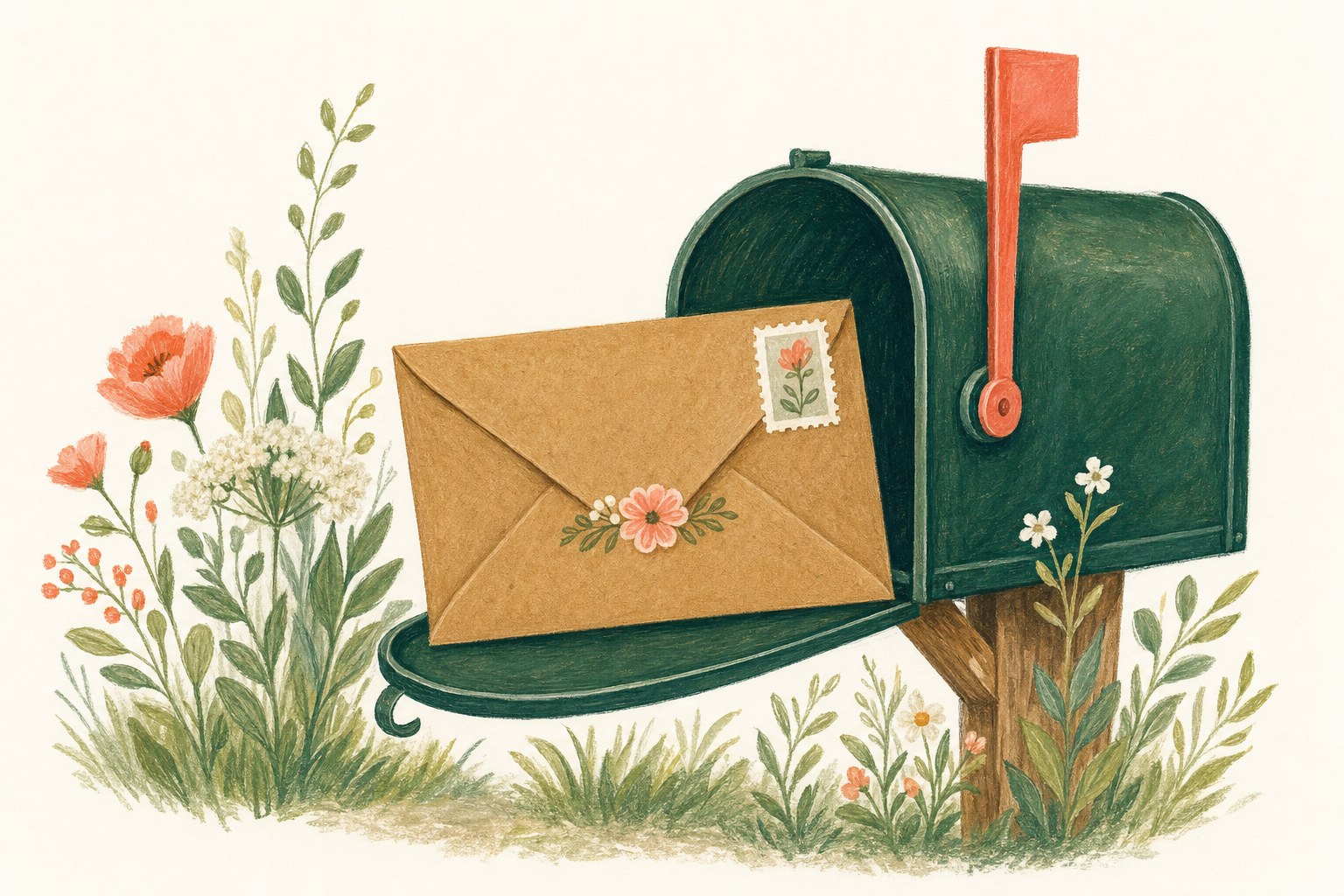 A sealed floral envelope ready to send beside a green mailbox