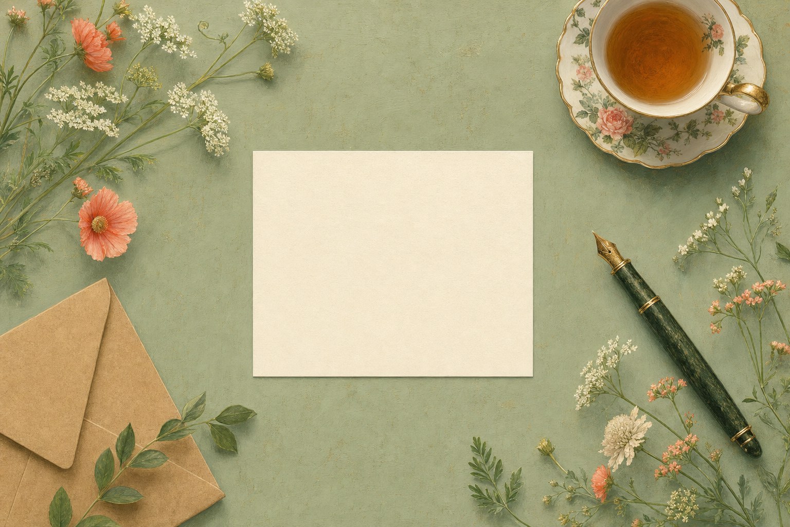 A blank cream card, tea, fountain pen, envelopes, and garden flowers on a sage green table
