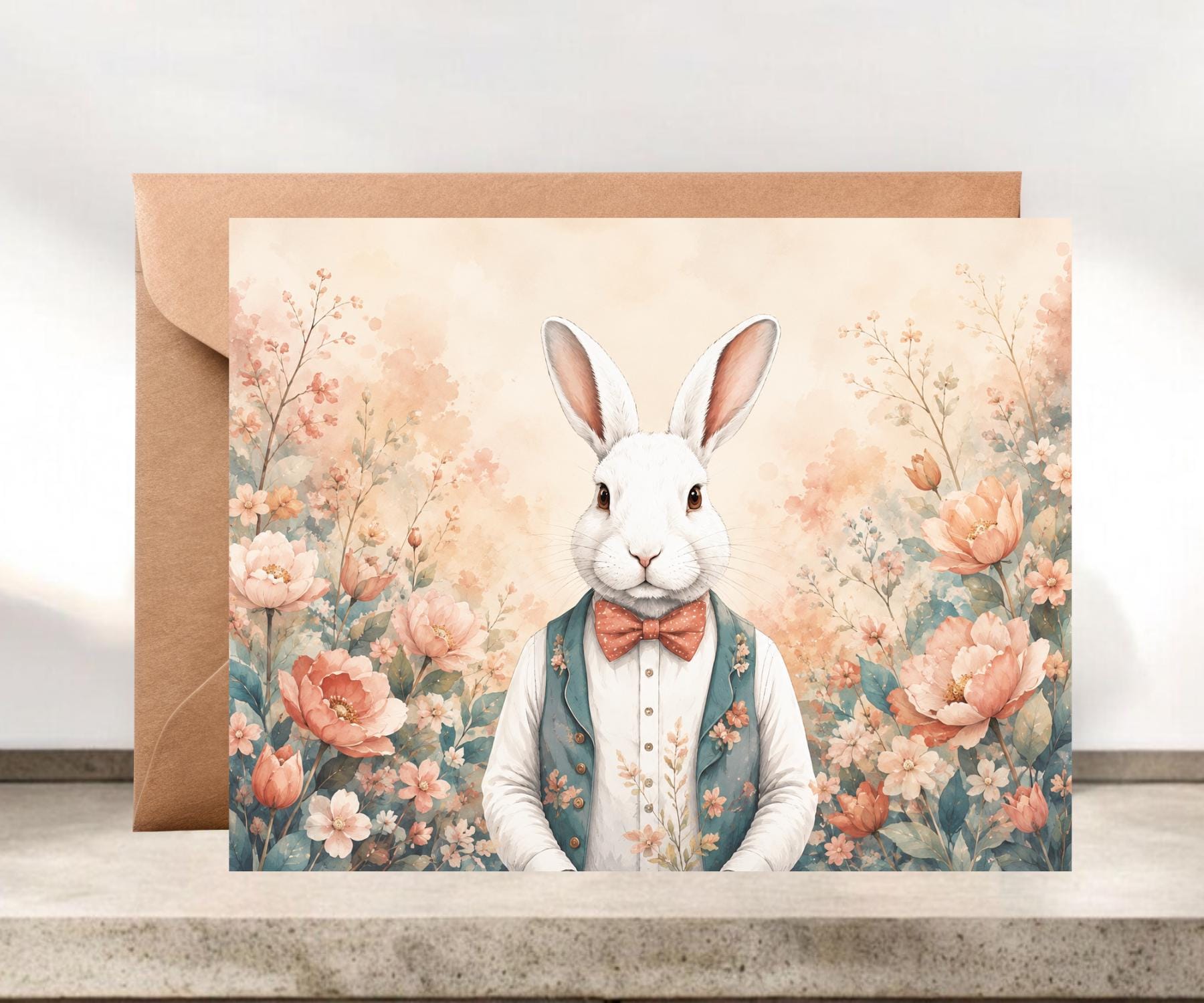 Whimsical White Rabbit and Pink Flowers Blank Easter Card #024