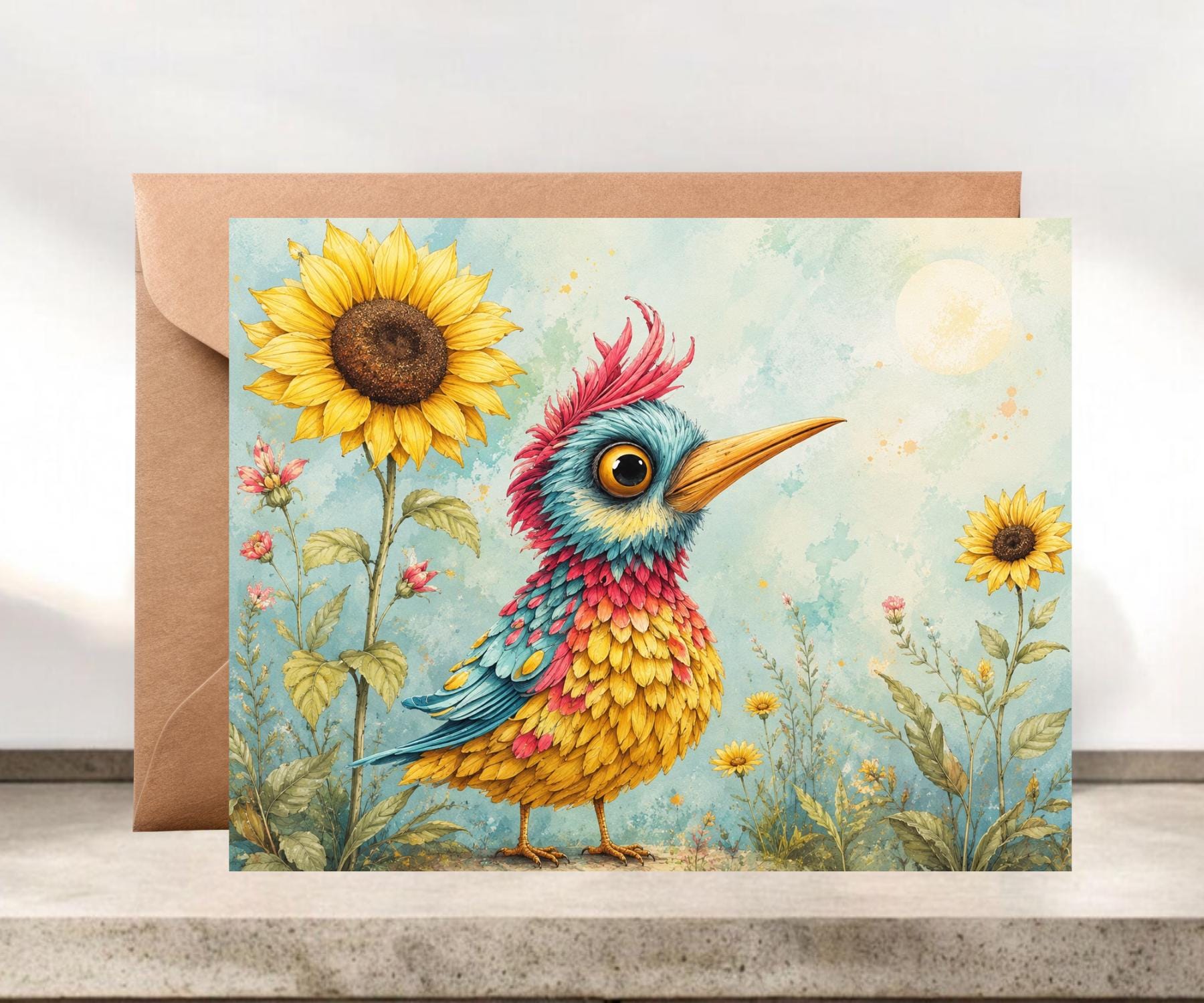 Whimsical Folk Art Bird Blank Greeting Card #058