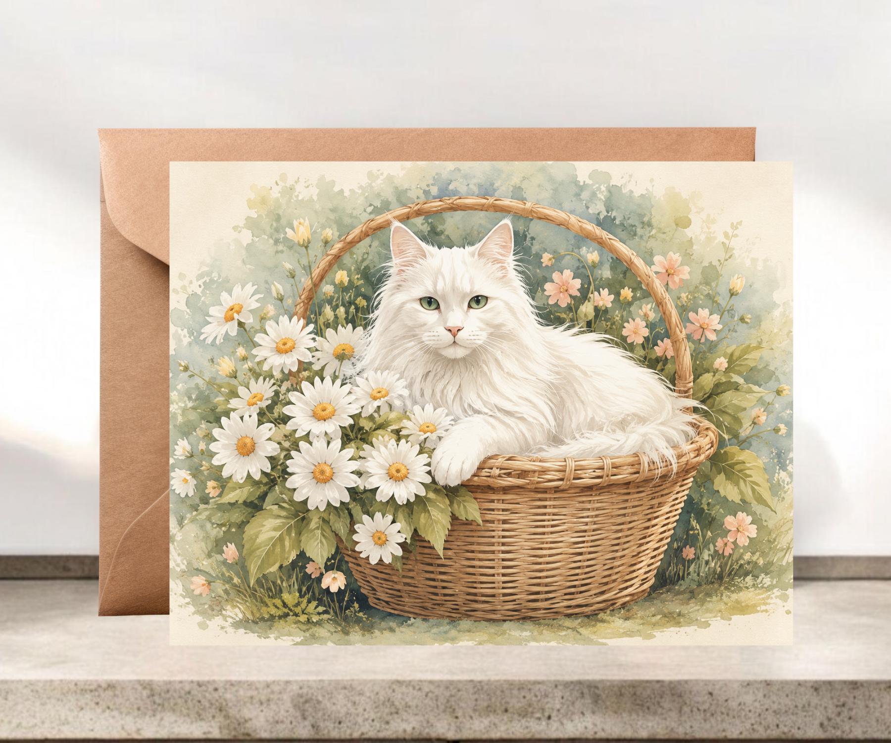 White Cat in Basket Notecard, Cat Greeting Card #038