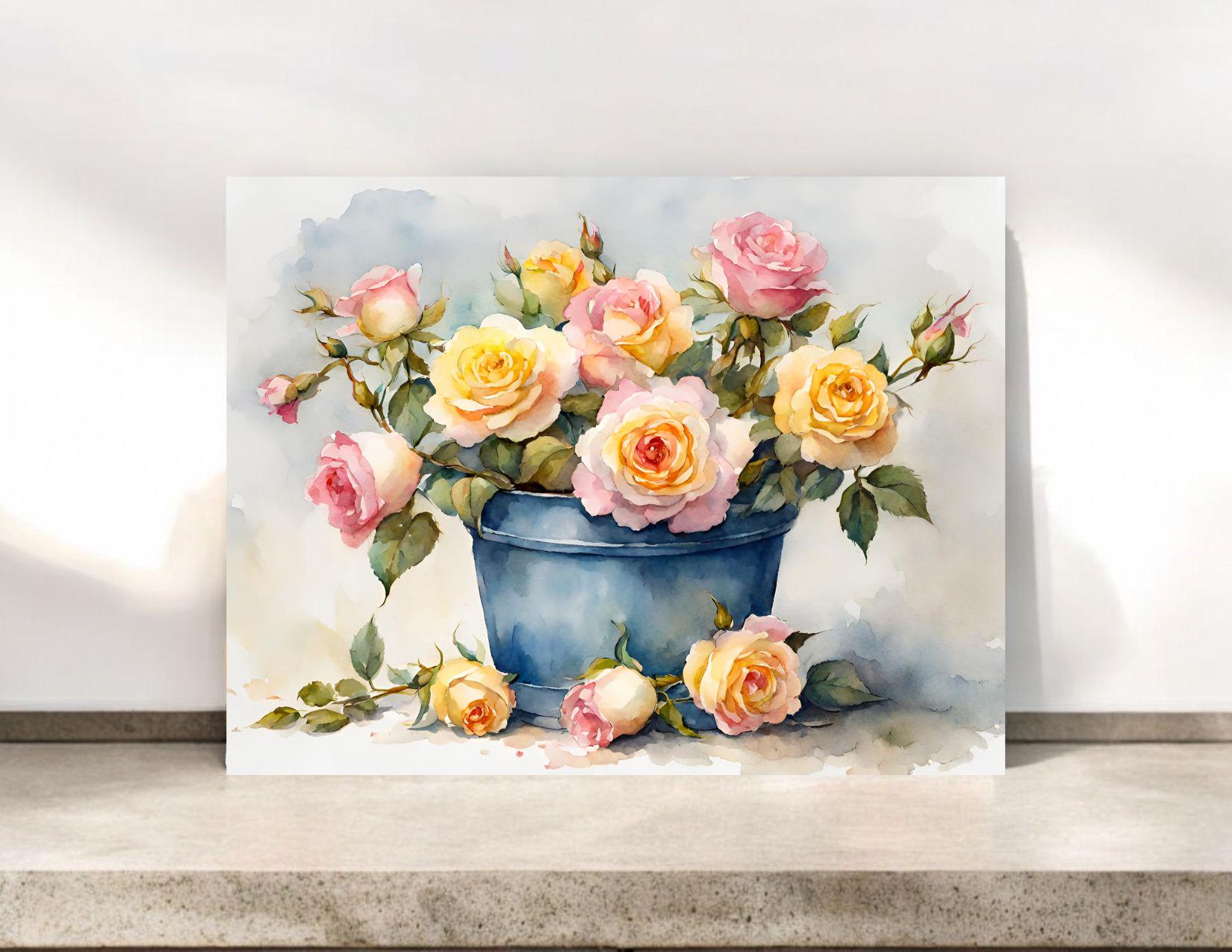 Pink and Yellow Watercolor Roses Floral Card #018